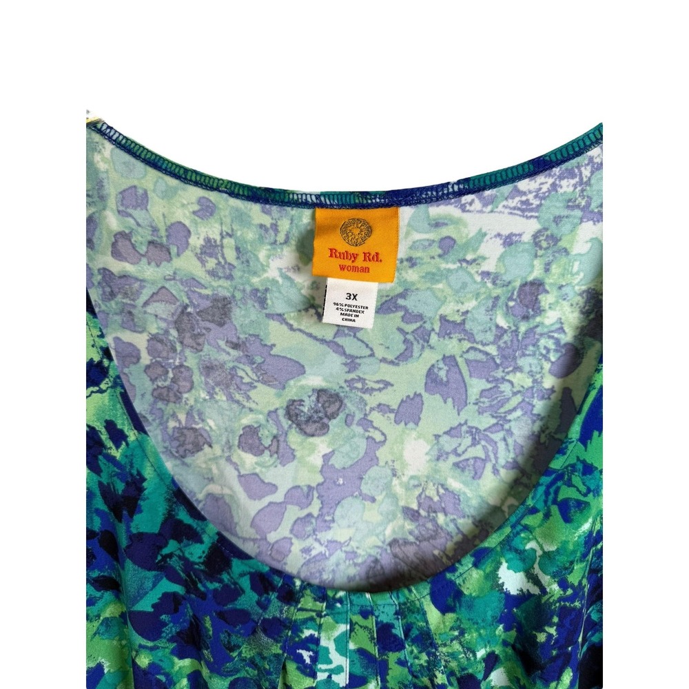 Ruby Rd. Shirt Womens 3X Green Blue Scoop Neck Pleated Short Sleeve Plus Size - Picture 2 of 6